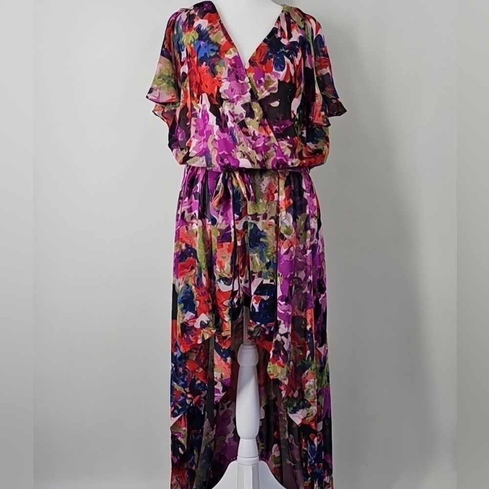 London Times Vibrant Floral High Low Sheer‎ Flowy Tunic Dress Duster Top Sz:14W